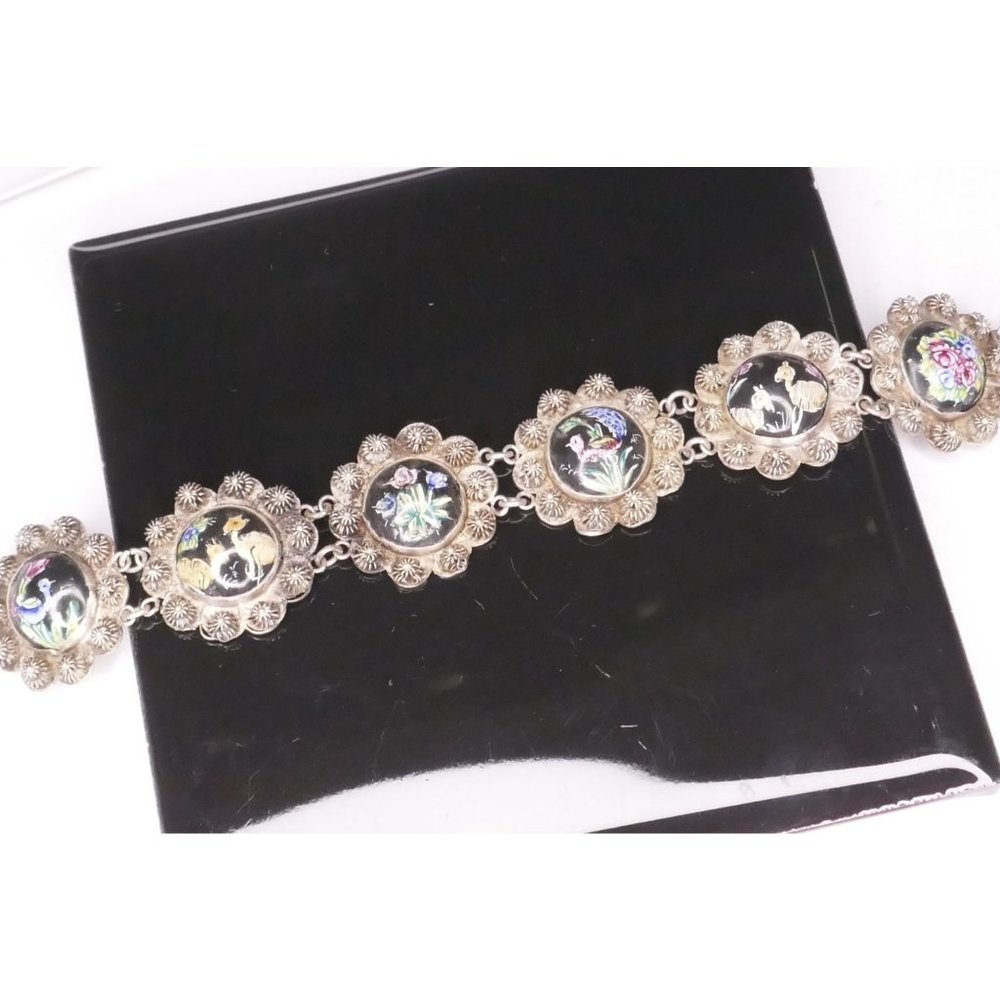 Vintage Etruscan Style Bracelet With Painted Porcelain Flowers & Camels & Birds
